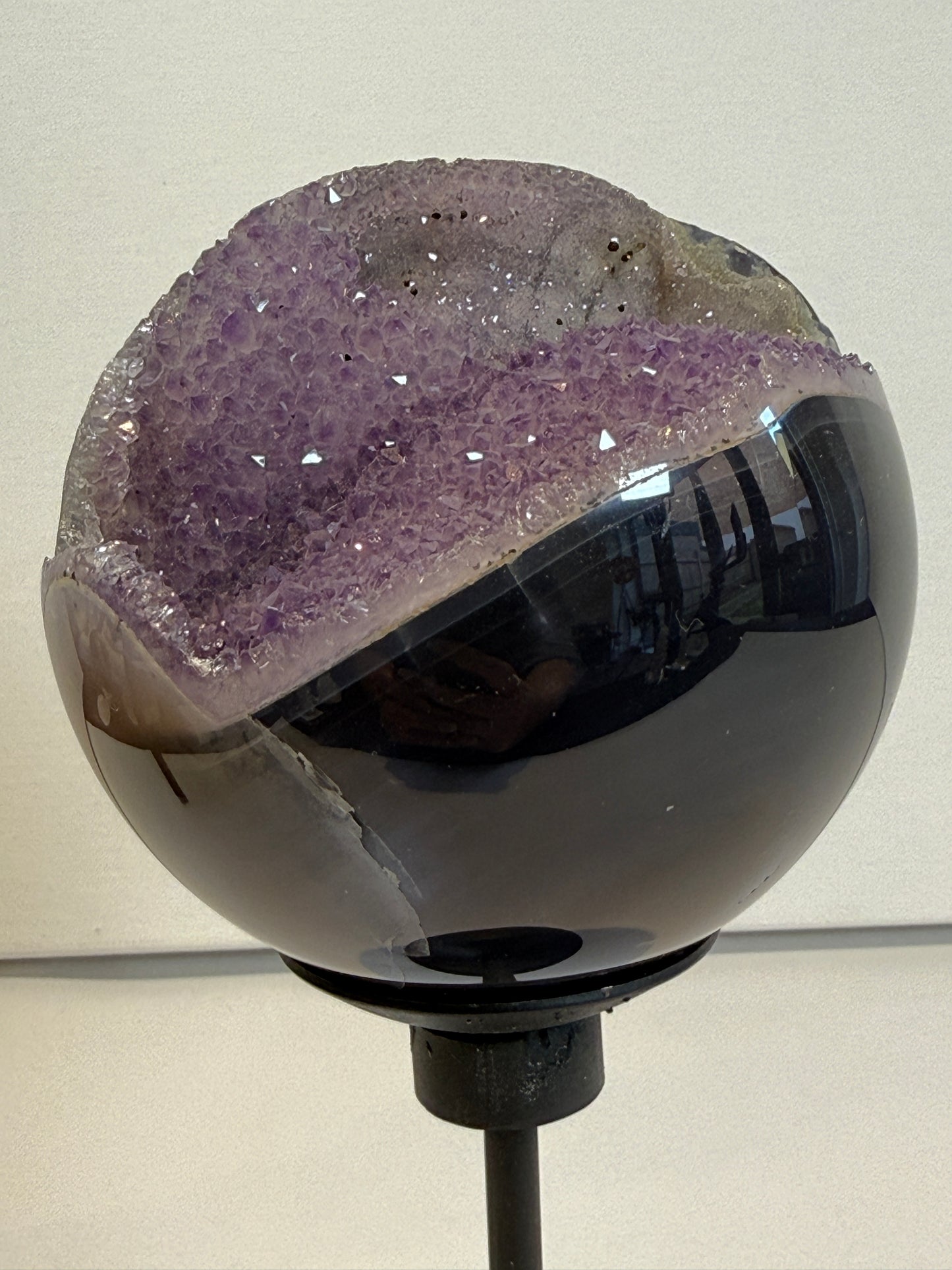 Unusual Amethyst Geode Sphere with two types of complementary druzy.
