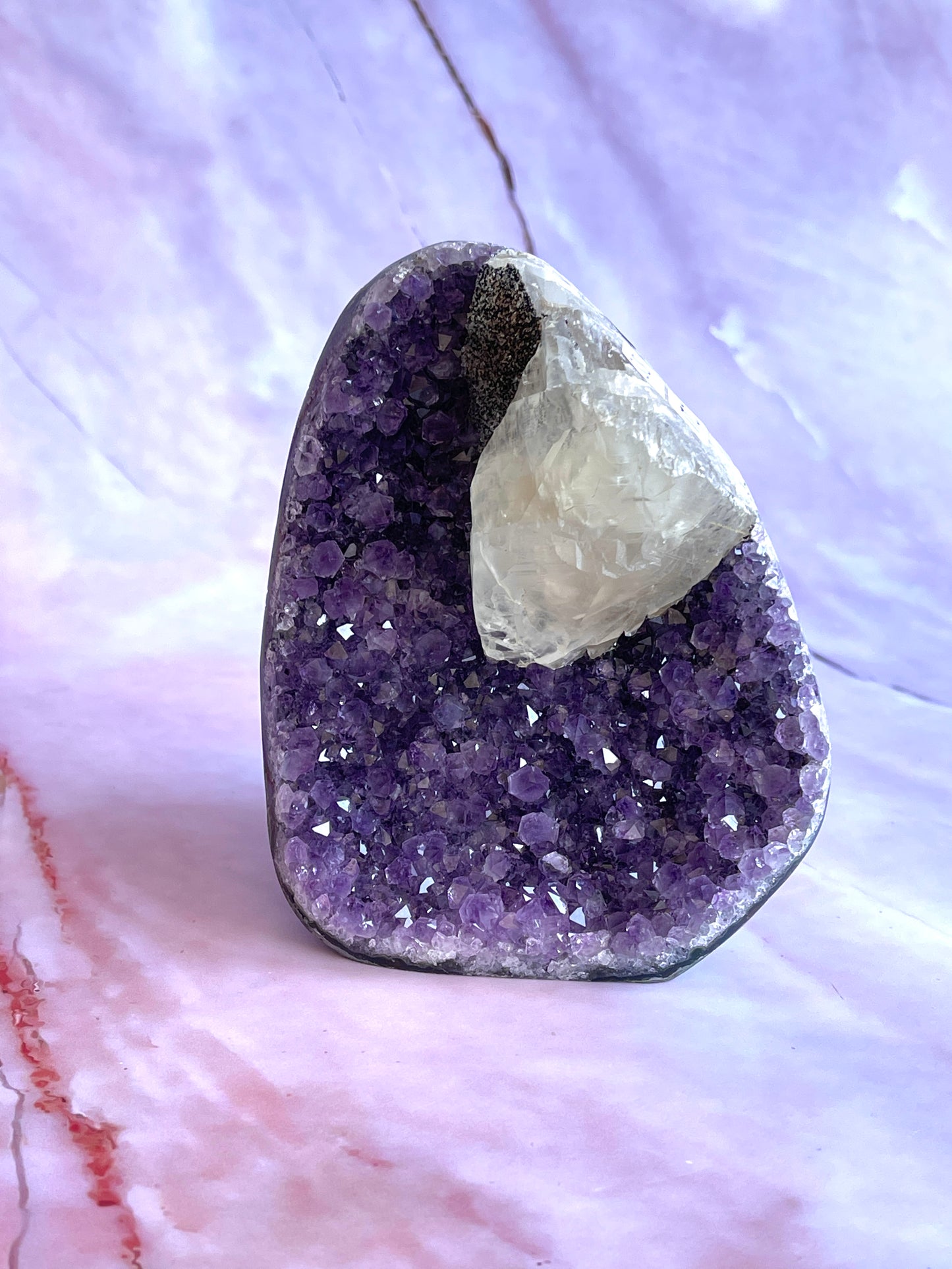 Amethyst flat base with calcite and black sugar druzy