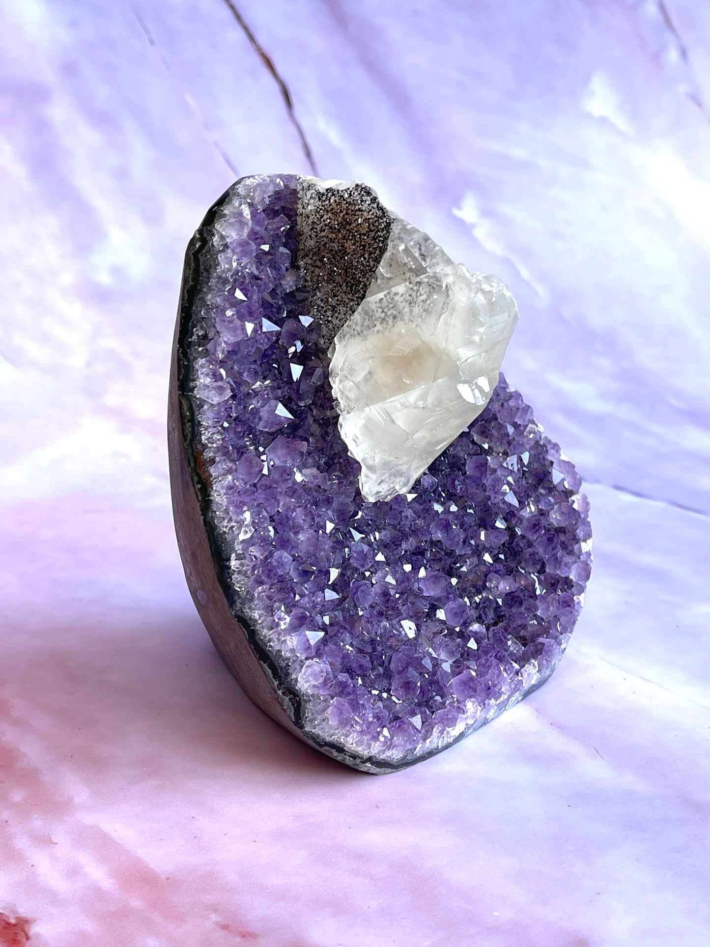 Amethyst flat base with calcite and black sugar druzy